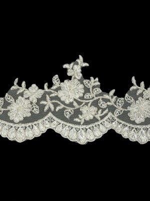 Off White and Metallic Silver Floral Sequins and Beaded Bridal Lace Trim with Scalloped Edge – 4.5″ Off White and Metallic Silver Floral Sequins and Beaded Bridal Lace Trim with Scalloped Edge – 4.5″