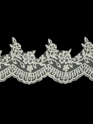 Off White and Striped Metallic Silver Floral and Scalloped Edge Corded Bridal Lace Trim with Sequins and Faux Pearl Beads – 3.5″ Off White and Striped Metallic Silver Floral and Scalloped Edge Corded Bridal Lace Trim with Sequins and Faux Pearl Beads – 3.5″