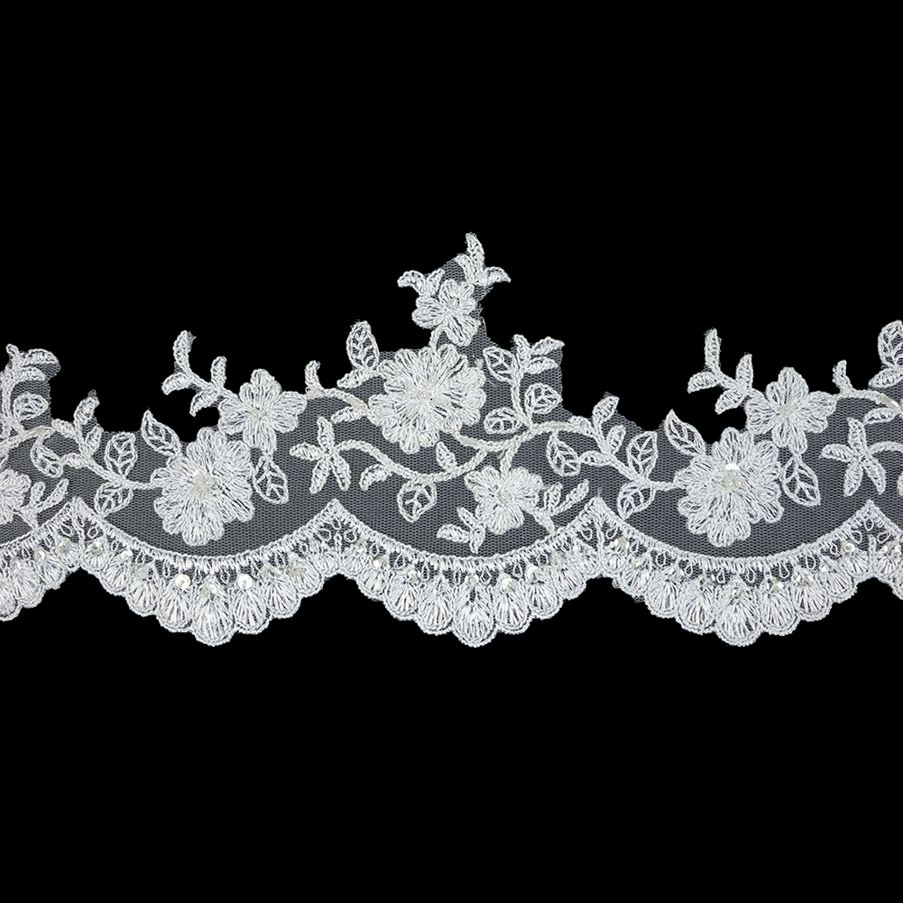 White and Metallic Silver Floral Sequins and Beaded Bridal Lace Trim with Scalloped Edge – 4.5″ White and Metallic Silver Floral Sequins and Beaded Bridal Lace Trim with Scalloped Edge – 4.5″