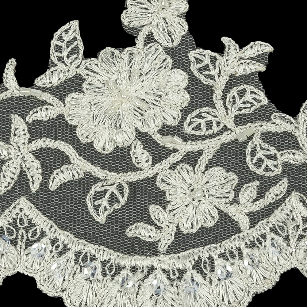 Off White and Striped Metallic Silver Floral Sequins and Beaded Bridal Lace Trim with Scalloped Edge - 4.5"