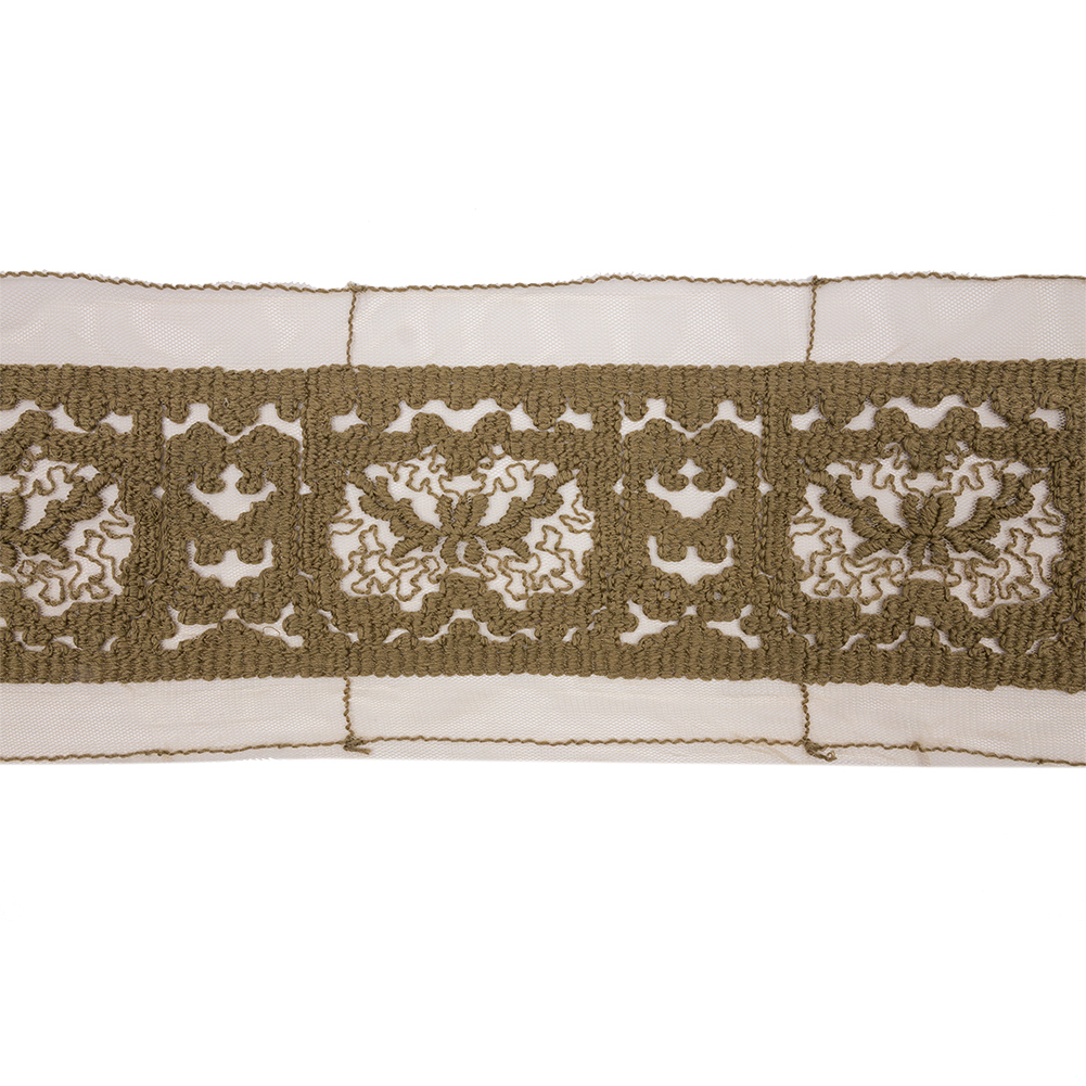 Olive Brown and Beige Abstract Floral Embroidered Lace Trim – 7″ Olive Brown and Beige Abstract Floral Embroidered Lace Trim – 7″