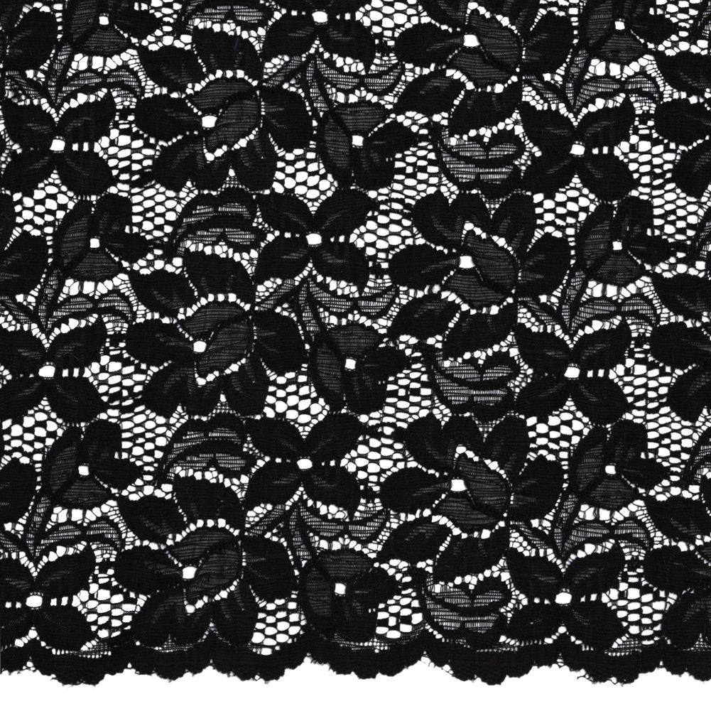 Shimmering Black Floral Stretch Lace Trim with Scalloped Edges - 11.25"