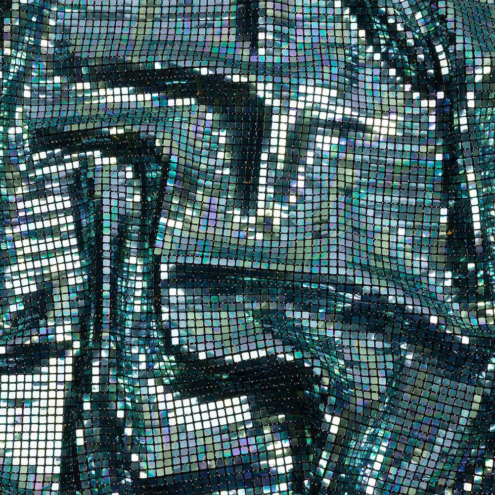 Blue Oil Slick and Black Squares Foiled Stretch Nylon Knit Blue Oil Slick and Black Squares Foiled Stretch Nylon Knit