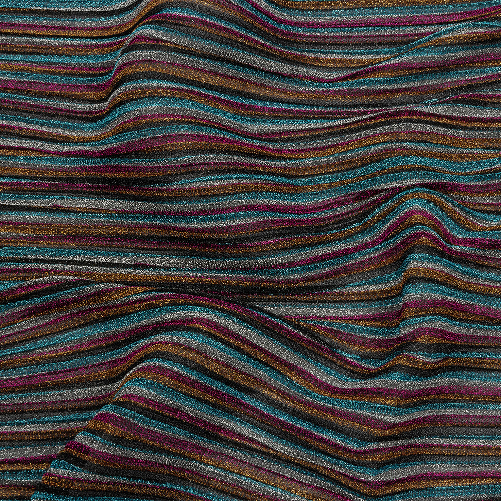 Pleated Polyester Knit – Turquoise, Pink and Silver Metallic Stripes Pleated Polyester Knit – Turquoise, Pink and Silver Metallic Stripes