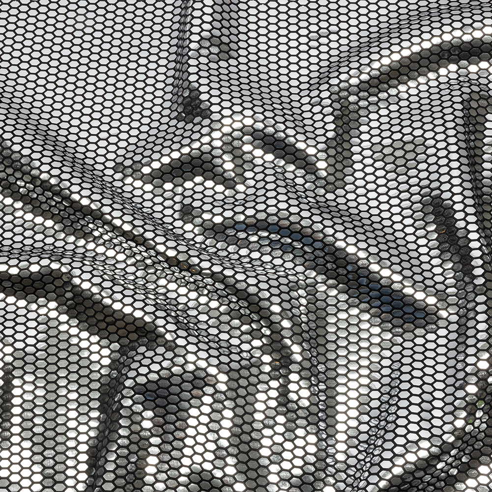 Black and Silver Hexagons Foiled Stretch Polyester Knit Black and Silver Hexagons Foiled Stretch Polyester Knit