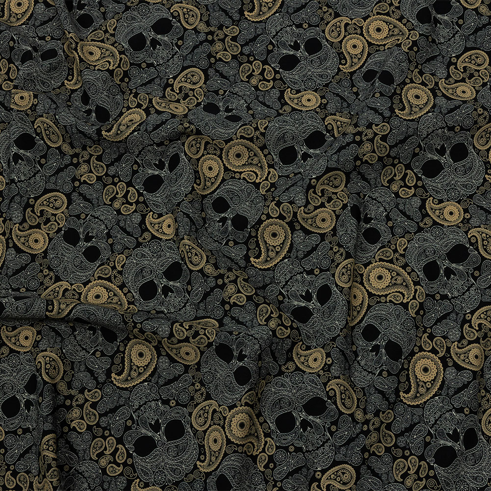Black, Gold and Cream Paisley Skulls Stretch Nylon Jersey Black, Gold and Cream Paisley Skulls Stretch Nylon Jersey