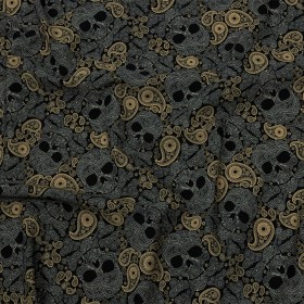 Black, Gold and Cream Paisley Skulls Stretch Nylon Jersey Black, Gold and Cream Paisley Skulls Stretch Nylon Jersey