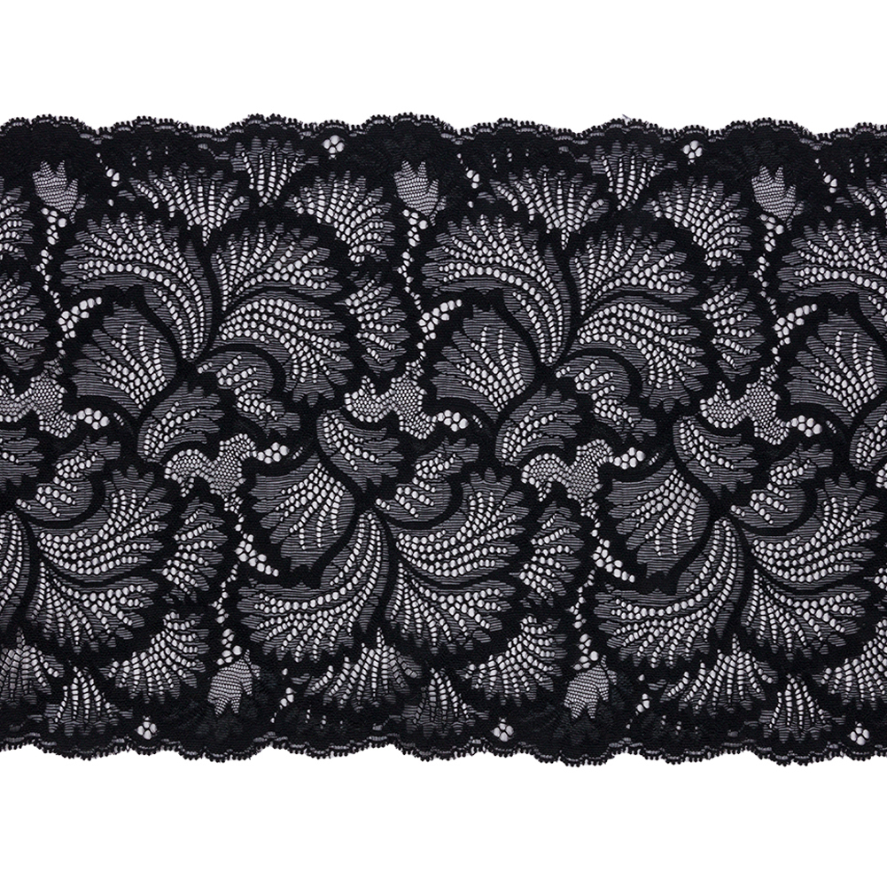 Black Fanning Leaves Stretch Lace Trim with Scalloped Edges – 9″ Black Fanning Leaves Stretch Lace Trim with Scalloped Edges – 9″