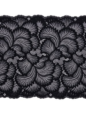 Black Fanning Leaves Stretch Lace Trim with Scalloped Edges – 9″ Black Fanning Leaves Stretch Lace Trim with Scalloped Edges – 9″