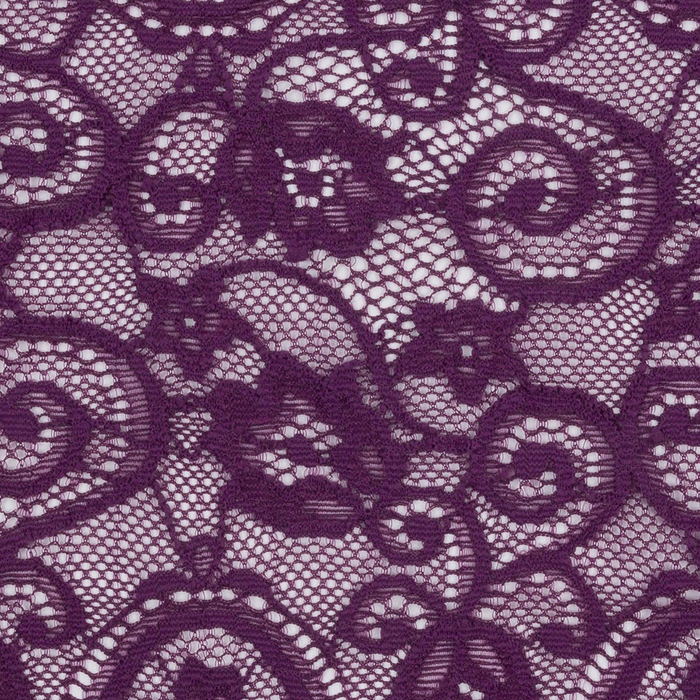 Purple Floral Scrolls Stretch Lace Trim with Scalloped Edges - 6.25"