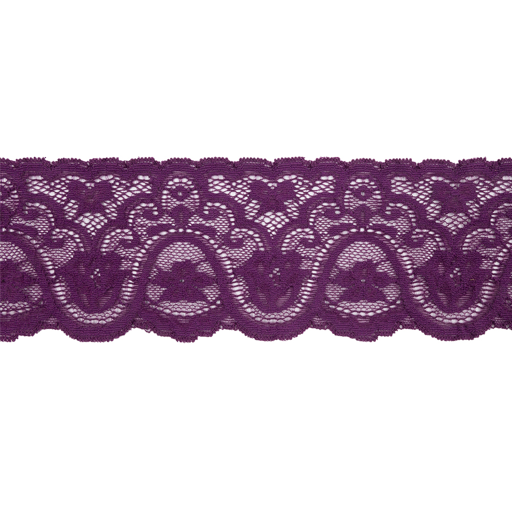 Purple Rose Floral Waves Stretch Lace Trim with Scalloped Edges - 2.875"
