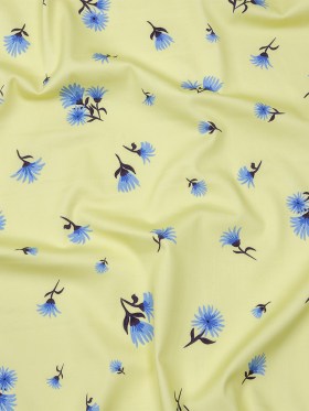 Stretch Cotton and Viscose Sateen Print – Pale Yellow and Blue Floral – Mood Exclusive Daisy Dance Stretch Cotton and Viscose Sateen Print – Pale Yellow and Blue Floral – Mood Exclusive Daisy Dance