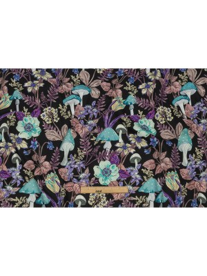 Stretch Cotton Twill Print – Midnight, Blue and Purple Mushrooms and Flowers – Mood Exclusive Mycelium Mystique Stretch Cotton Twill Print – Midnight, Blue and Purple Mushrooms and Flowers – Mood Exclusive Mycelium Mystique