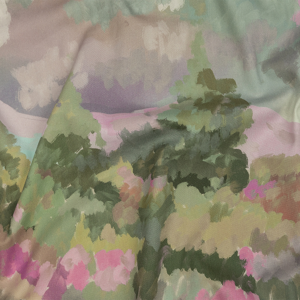 Stretch Cotton Twill Panel – Green and Pink Impressionist Landscape – Mood Exclusive Rainy Day Stretch Cotton Twill Panel – Green and Pink Impressionist Landscape – Mood Exclusive Rainy Day