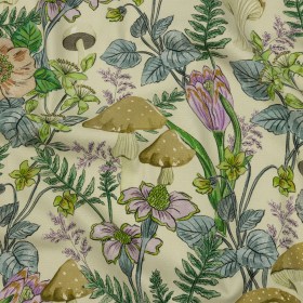 Stretch Cotton Twill Print – Cream. Green and Blue Mushrooms and Flowers – Mood Exclusive Mycelium Mystique Stretch Cotton Twill Print – Cream. Green and Blue Mushrooms and Flowers – Mood Exclusive Mycelium Mystique