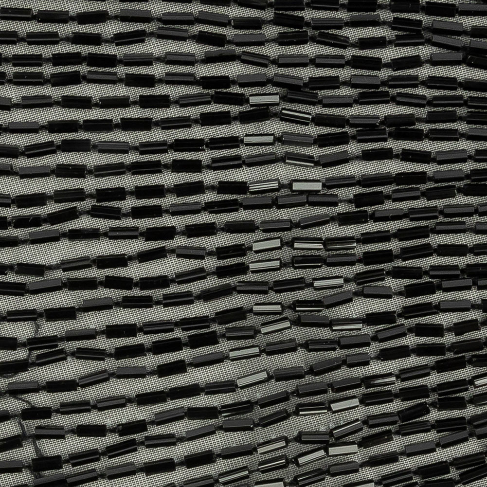 Vintage Black Linear Right Glass Bugle Beaded Sheer Applique - 6.25" x 4.5"