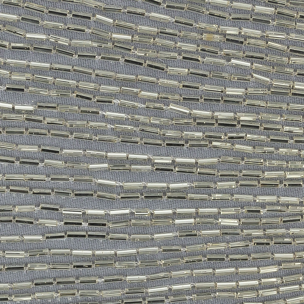 Vintage Silver Linear Right Glass Bugle Beaded Sheer Applique - 6.25" x 4.5"