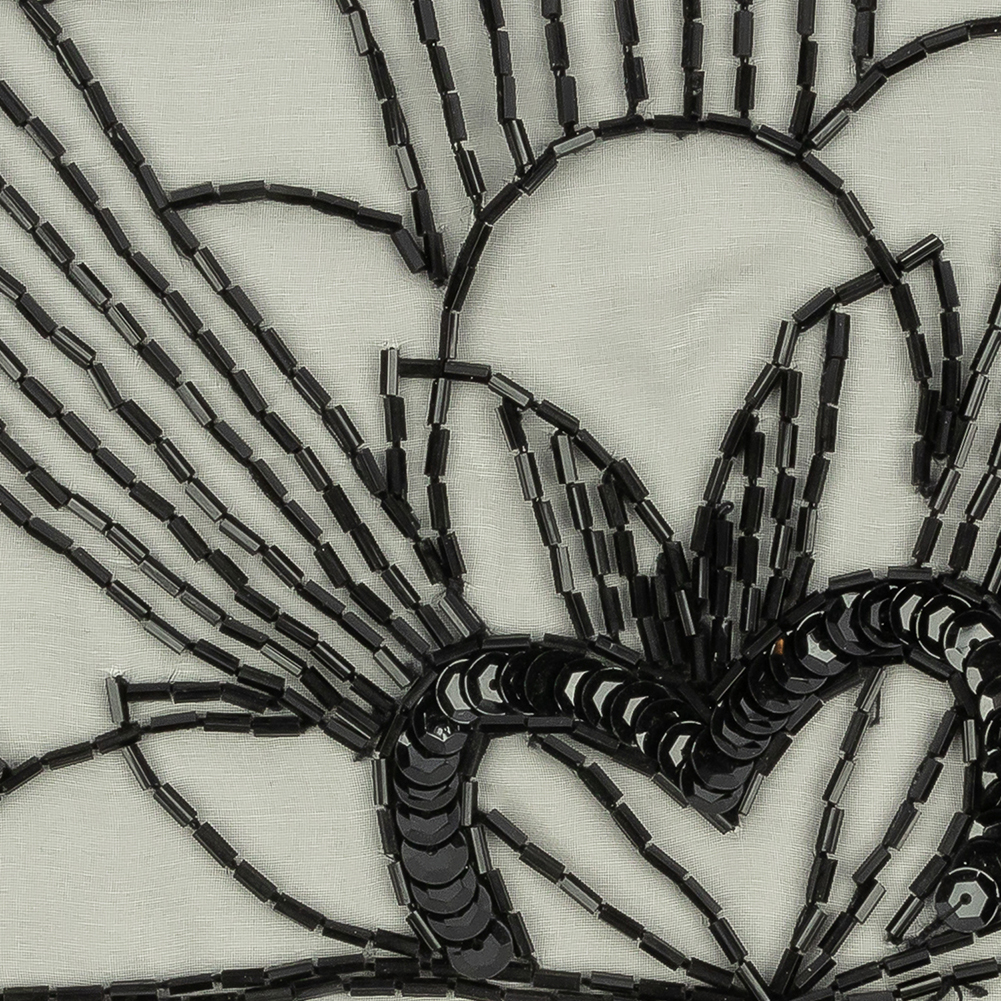 Vintage Black Floral Lines Right Glass Beaded Sheer Panel Applique - 7.5" x 6.75"