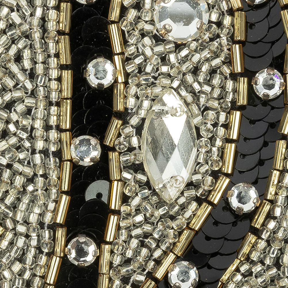 Vintage Black, Silver and Gold Right Paisley Beaded, Sequined and Rhinestone Applique - 5.25" x 3.75"