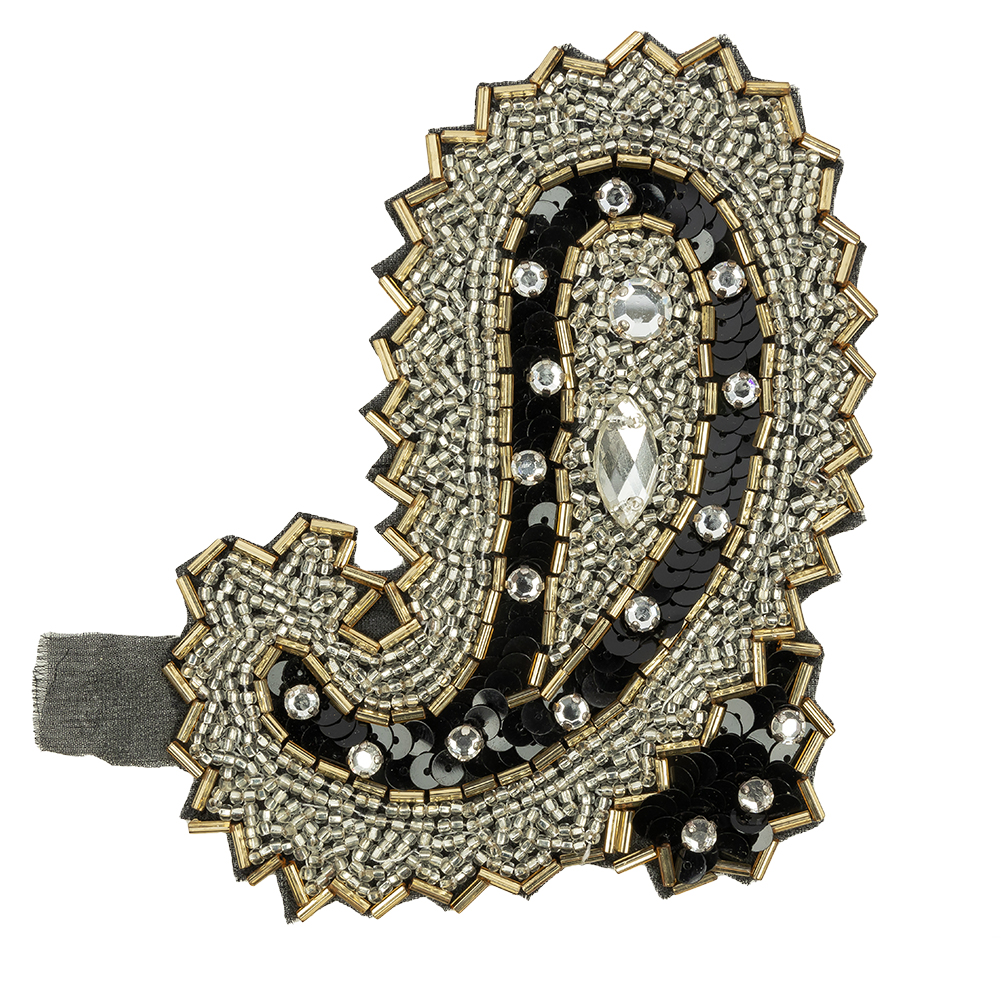 Vintage Black, Silver and Gold Right Paisley Beaded, Sequined and Rhinestone Applique – 5.25″ x 3.75″ Vintage Black, Silver and Gold Right Paisley Beaded, Sequined and Rhinestone Applique – 5.25″ x 3.75″