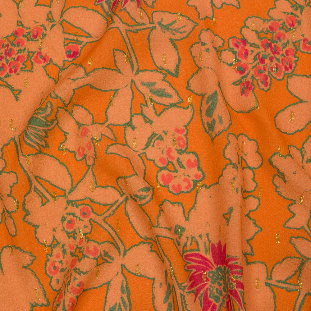 Crinkled Viscose Crepe Print with Metallic Dots – Orange Floral – Mood Exclusive Tree Line Trove Crinkled Viscose Crepe Print with Metallic Dots – Orange Floral – Mood Exclusive Tree Line Trove