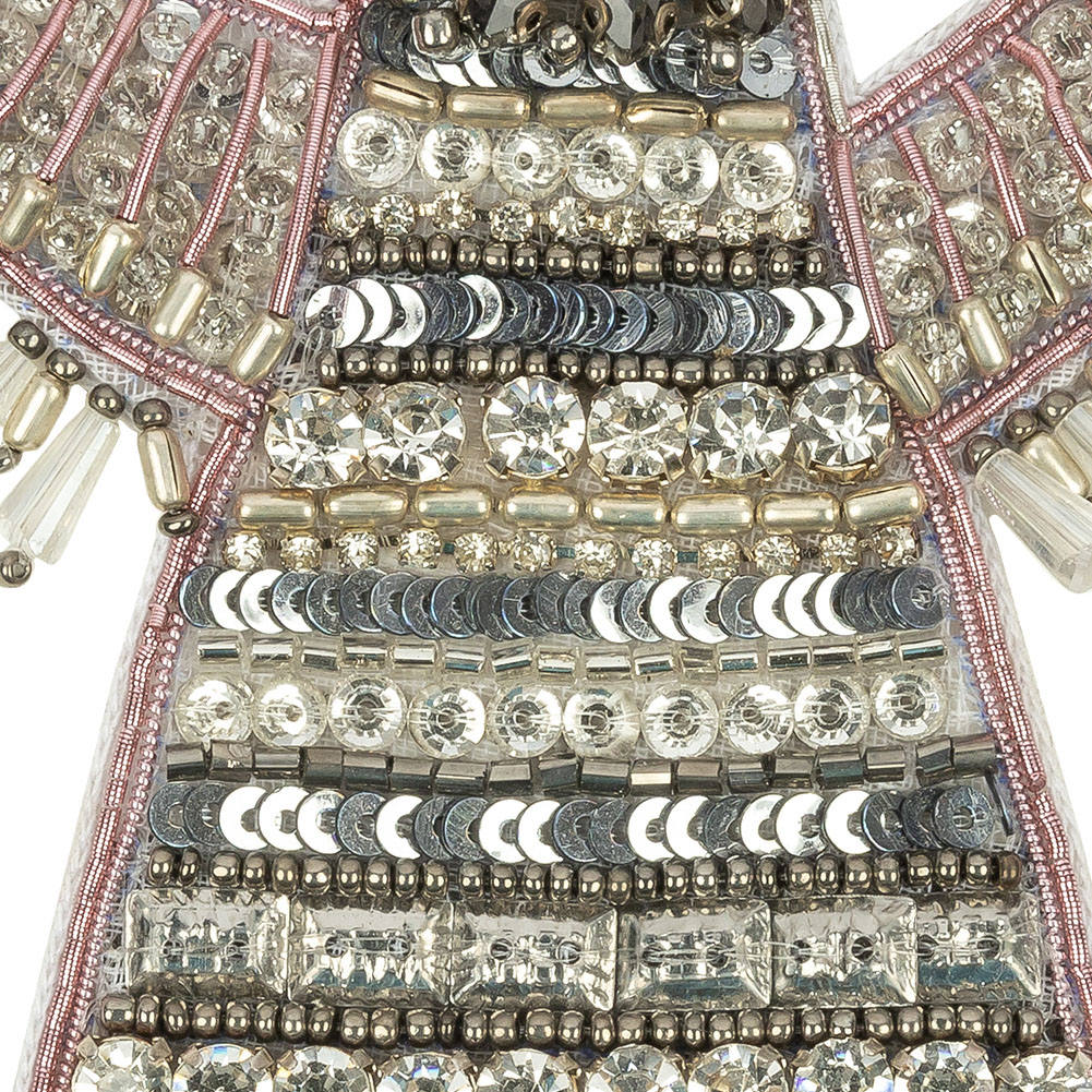 Silver and Pink Geometric Bird Rhinestone and Glass Beaded Applique - 3.875" x 4"