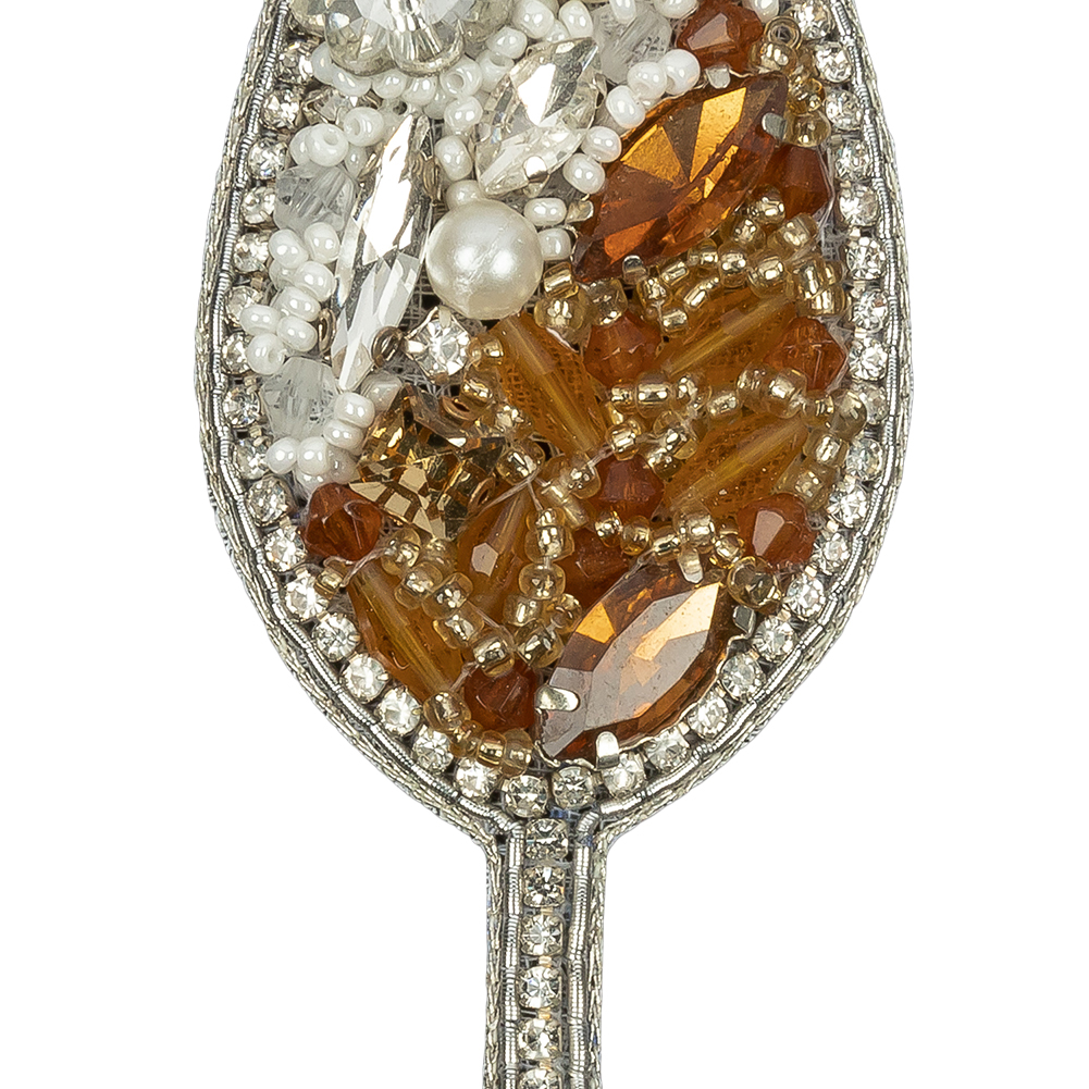 Pearl, Crystal and Topaz Wine Glass Rhinestones and Glass Beaded Applique - 3" x 1.375"