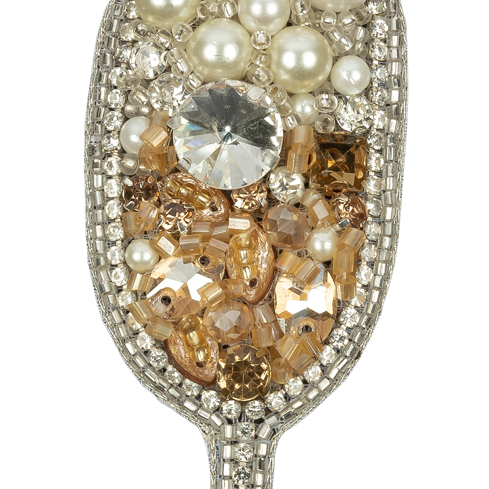 Pearl, Crystal and Topaz Champagne Flute Rhinestones and Glass Beaded Applique - 3.375" x 1.375"