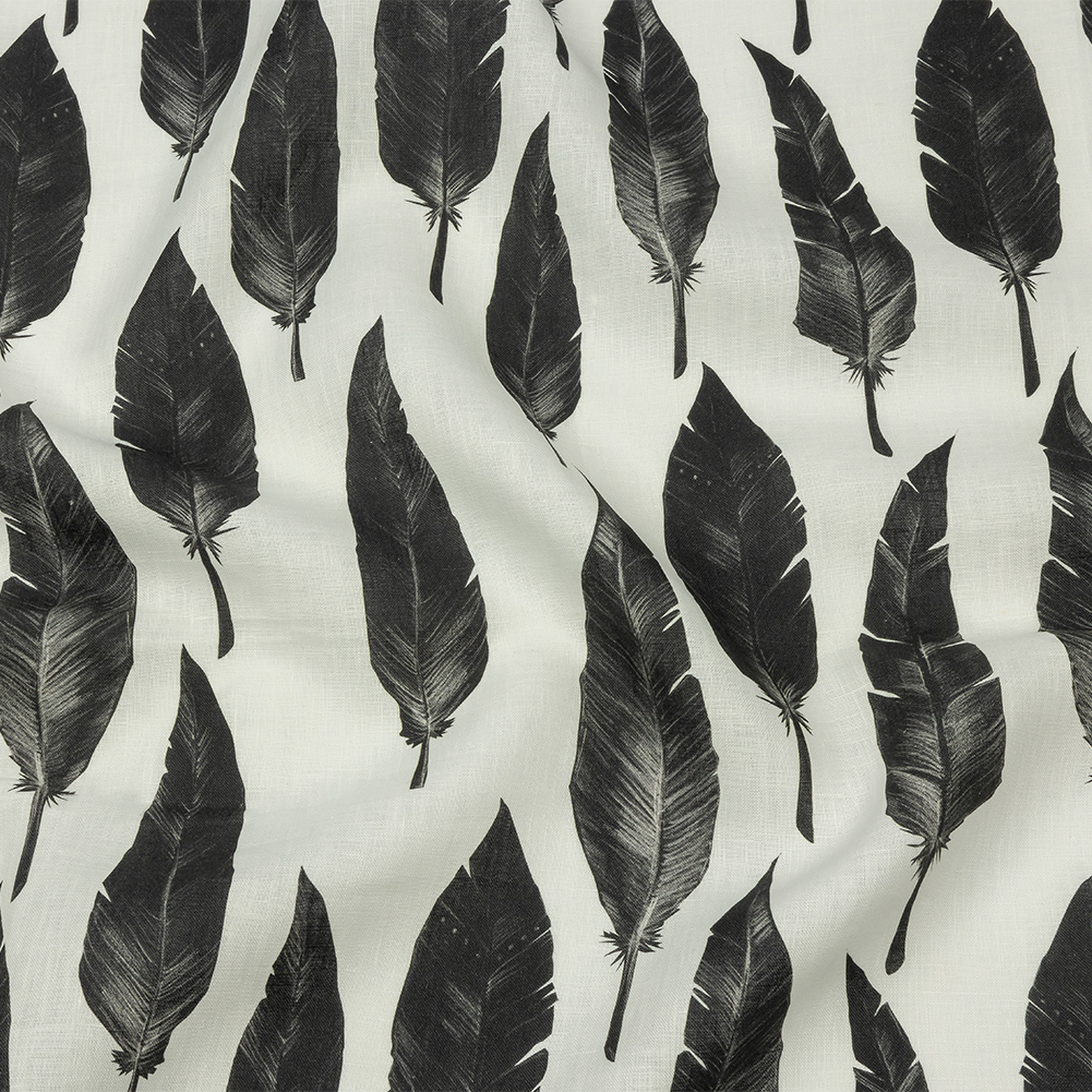Black and White Feather Array Medium Weight Linen Woven Black and White Feather Array Medium Weight Linen Woven