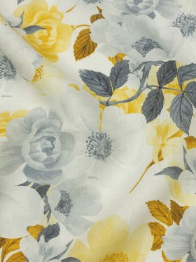 Yellow and Gray Poppy Bouquet Medium Weight Linen Woven Yellow and Gray Poppy Bouquet Medium Weight Linen Woven