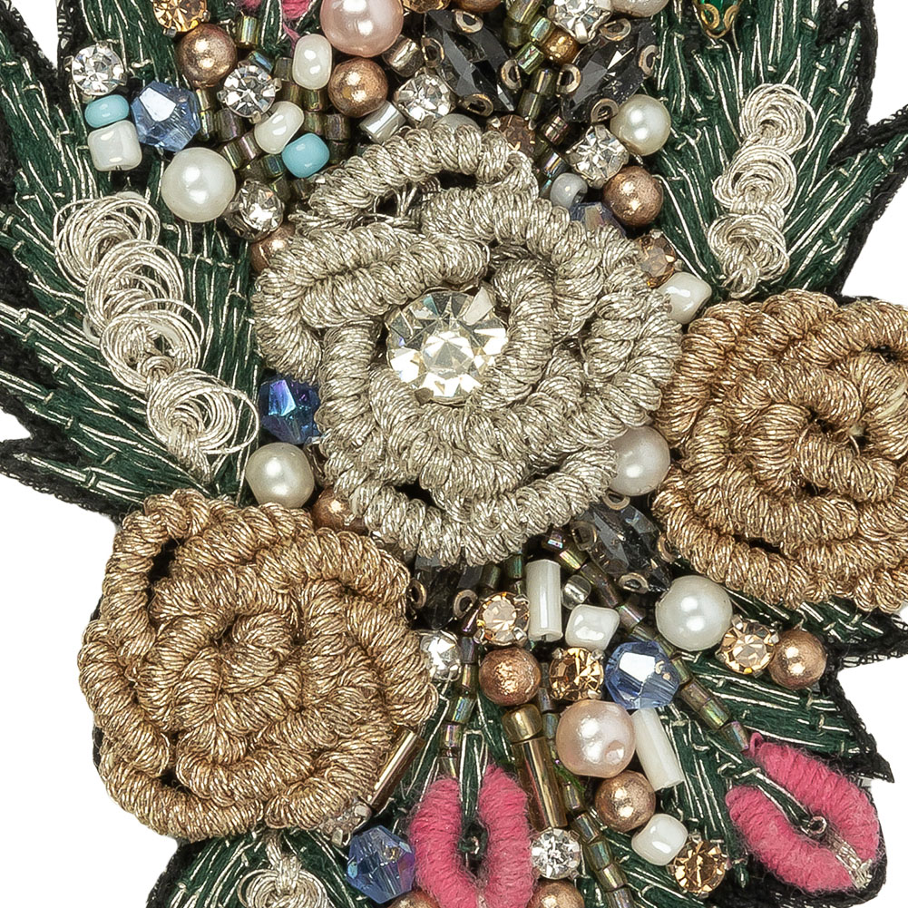 Black, Gold and Pink Rose Embroidered, Rhinestone and Glass Beaded Bouquet Applique - 3.875" x 2.5"