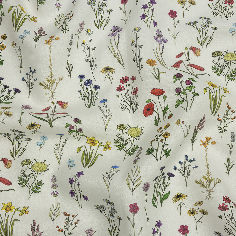 Multicolor Wildflower Doodles Medium Weight Linen Woven Multicolor Wildflower Doodles Medium Weight Linen Woven