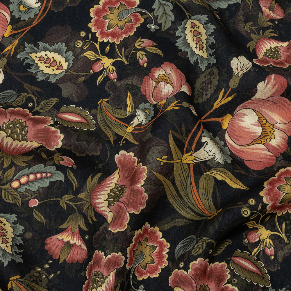 Blush, Olive and Black Traditional Floral Medium Weight Linen Woven Blush, Olive and Black Traditional Floral Medium Weight Linen Woven