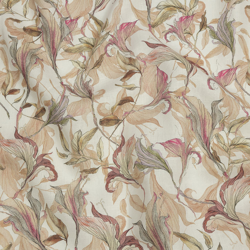 Beige and Pink Flowing Florals Medium Weight Linen Woven Beige and Pink Flowing Florals Medium Weight Linen Woven