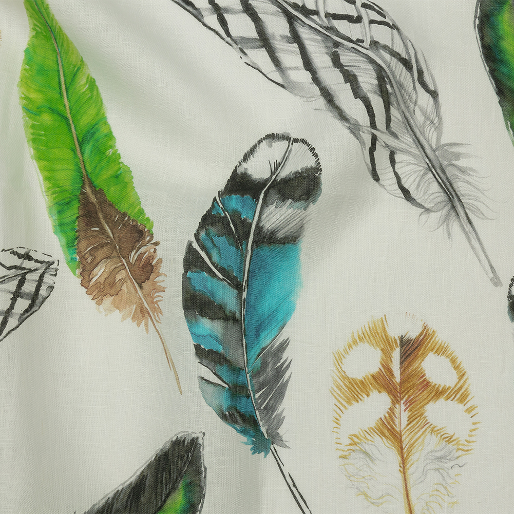 Blue, Green and Black Scattered Feathers Medium Weight Linen Woven Blue, Green and Black Scattered Feathers Medium Weight Linen Woven