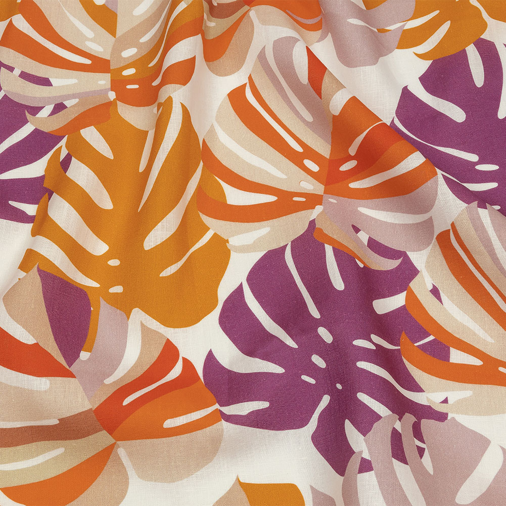 Orange and Purple Palm Leaf Pop Medium Weight Linen Woven Orange and Purple Palm Leaf Pop Medium Weight Linen Woven