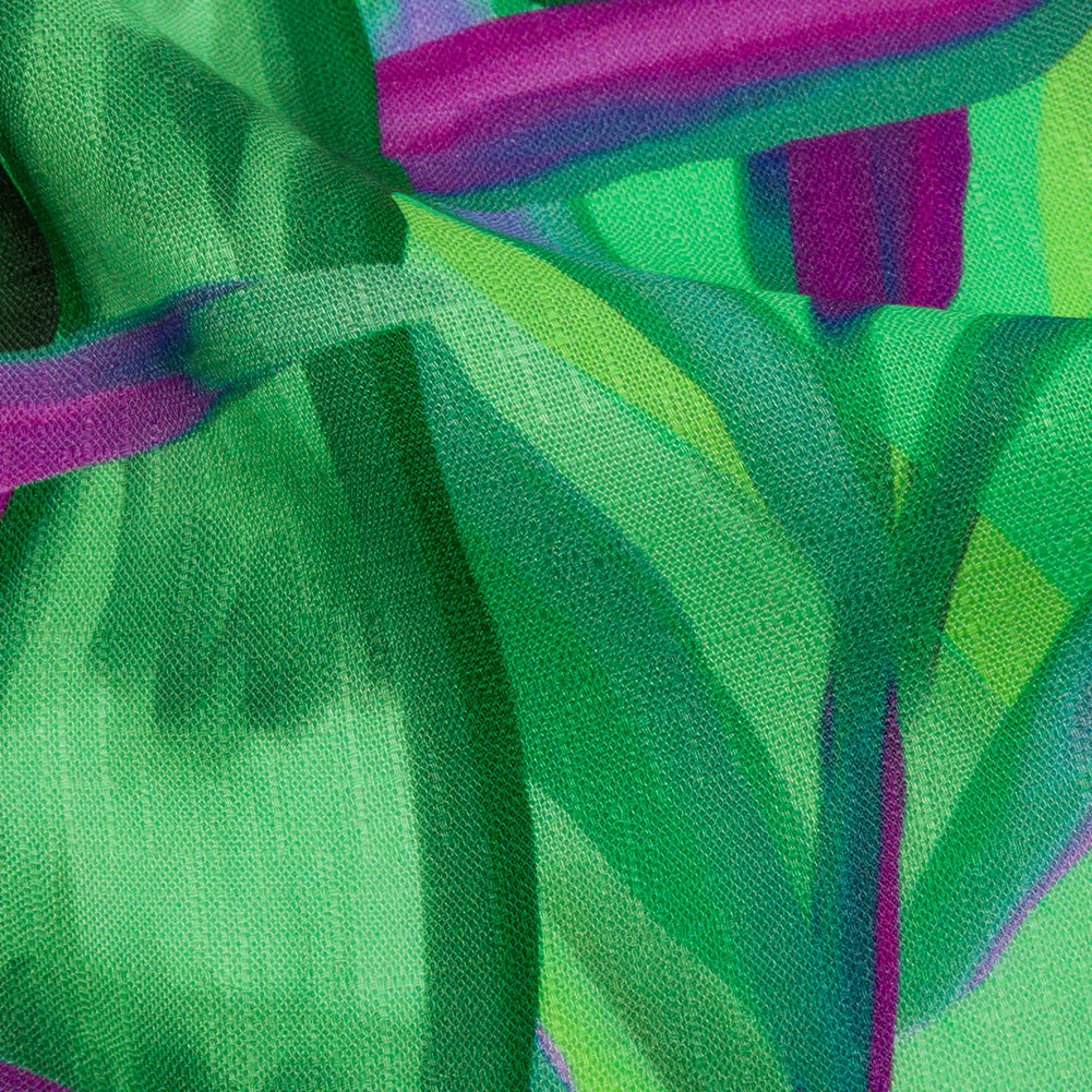 Slubbed Viscose Woven Print - Purple and Green Palm Leaves - Mood Exclusive Foliage Takeover