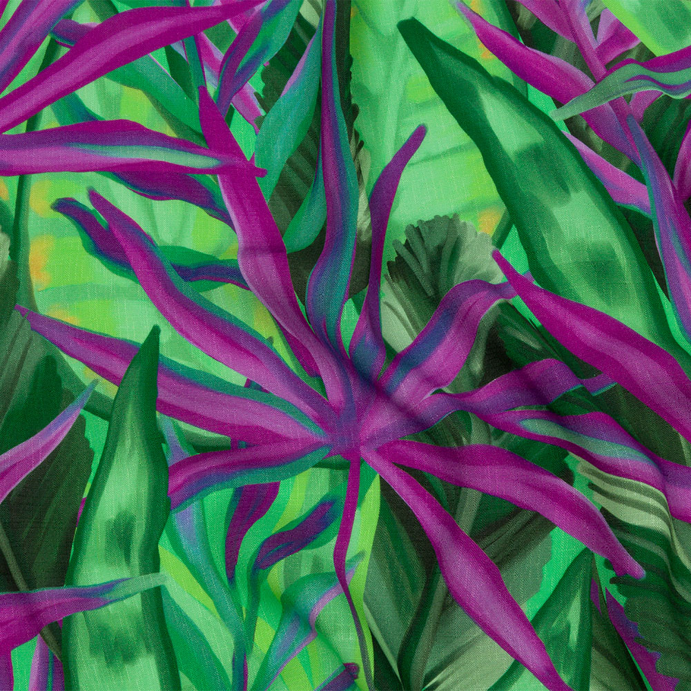 Slubbed Viscose Woven Print – Purple and Green Palm Leaves – Mood Exclusive Foliage Takeover Slubbed Viscose Woven Print – Purple and Green Palm Leaves – Mood Exclusive Foliage Takeover
