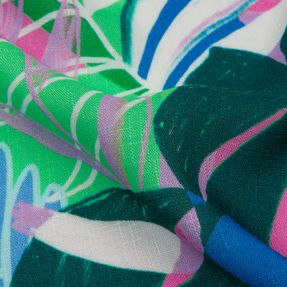 Slubbed Viscose Woven Print - Green and Blue Leaves - Mood Exclusive Tropical Tango