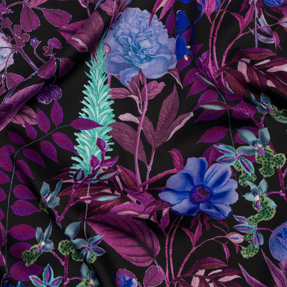 Polyester Twill Print – Black, Purple and Blue Floral – Mood Exclusive Midnight Gardens Polyester Twill Print – Black, Purple and Blue Floral – Mood Exclusive Midnight Gardens