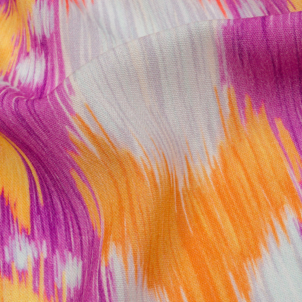 Gauzy Wrinkled Rayon Woven Print - Purple and Yellow Ikat Paisley Stripes - Mood Exclusive Feathered Psyche