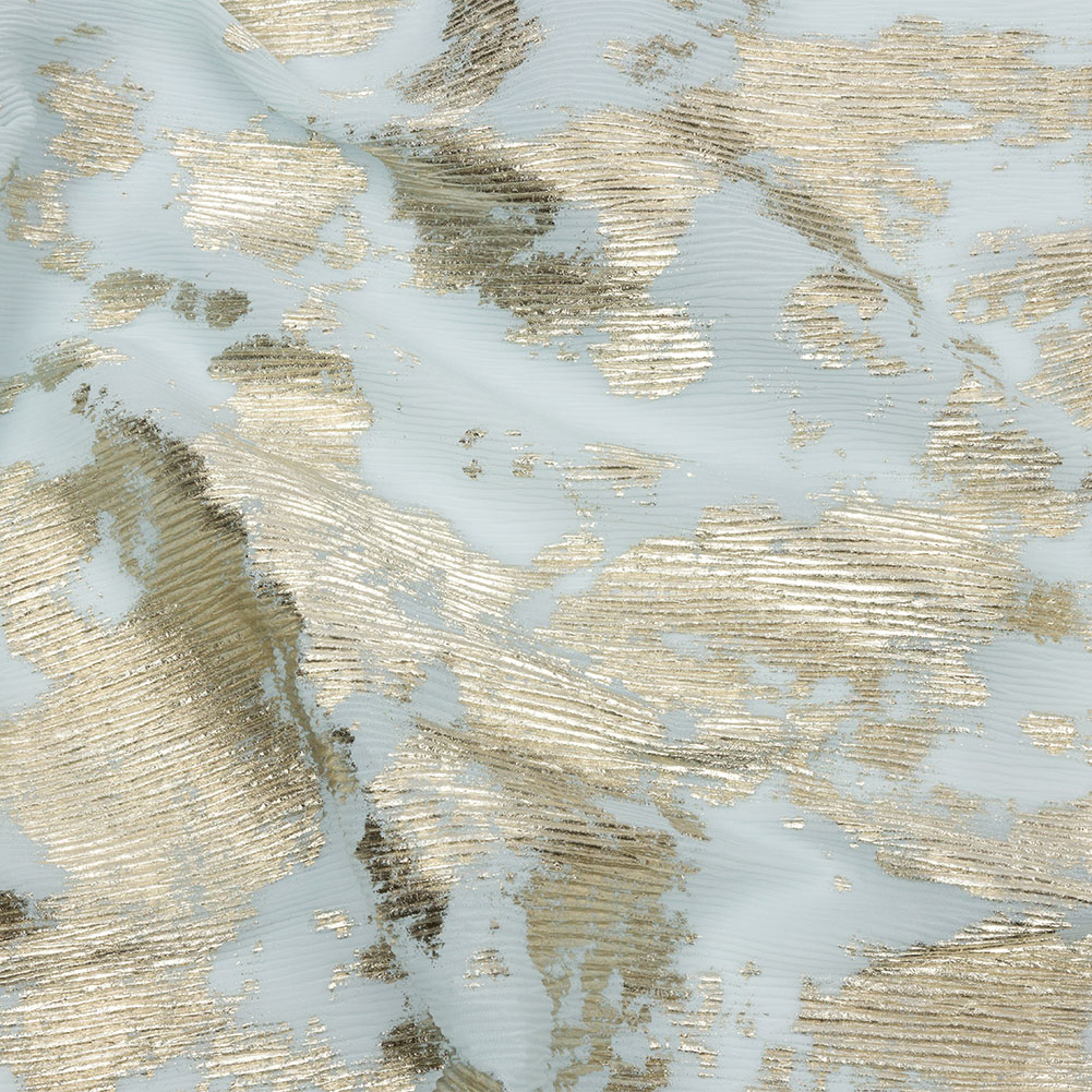 Polyester Chiffon Plisse with Abstract Gold Foiling – Pale Blue – Aralia Collection Polyester Chiffon Plisse with Abstract Gold Foiling – Pale Blue – Aralia Collection
