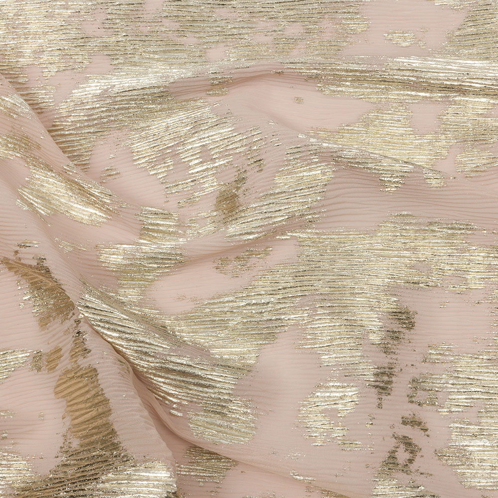 Polyester Chiffon Plisse with Abstract Gold Foiling – Beige – Aralia Collection Polyester Chiffon Plisse with Abstract Gold Foiling – Beige – Aralia Collection