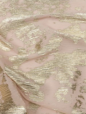 Polyester Chiffon Plisse with Abstract Gold Foiling – Beige – Aralia Collection Polyester Chiffon Plisse with Abstract Gold Foiling – Beige – Aralia Collection