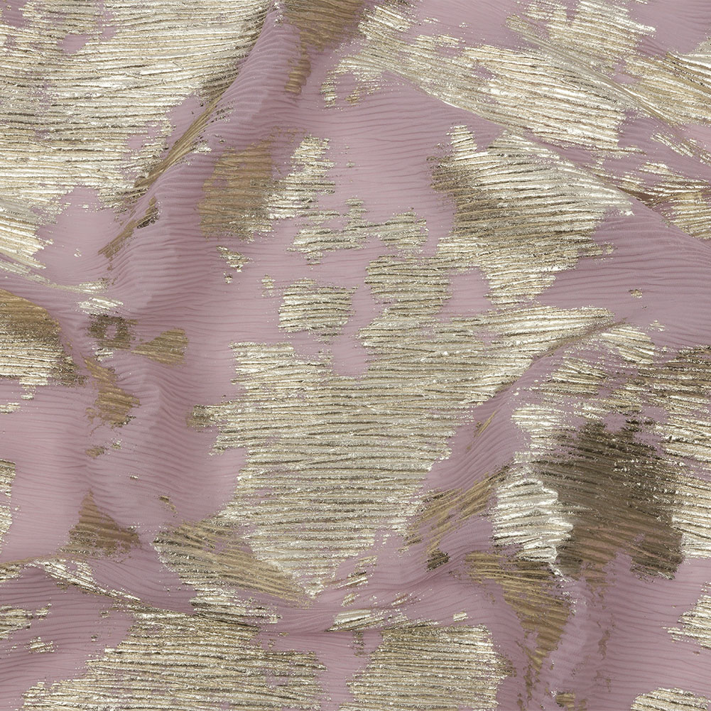 Polyester Chiffon Plisse with Abstract Gold Foiling – Mauve – Aralia Collection Polyester Chiffon Plisse with Abstract Gold Foiling – Mauve – Aralia Collection