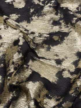 Polyester Chiffon Plisse with Abstract Gold Foiling – Black – Aralia Collection Polyester Chiffon Plisse with Abstract Gold Foiling – Black – Aralia Collection
