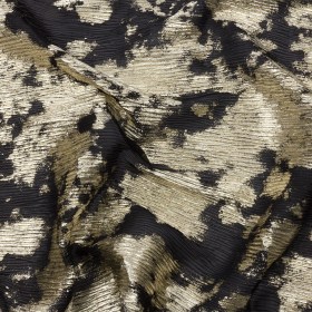 Polyester Chiffon Plisse with Abstract Gold Foiling – Black – Aralia Collection Polyester Chiffon Plisse with Abstract Gold Foiling – Black – Aralia Collection