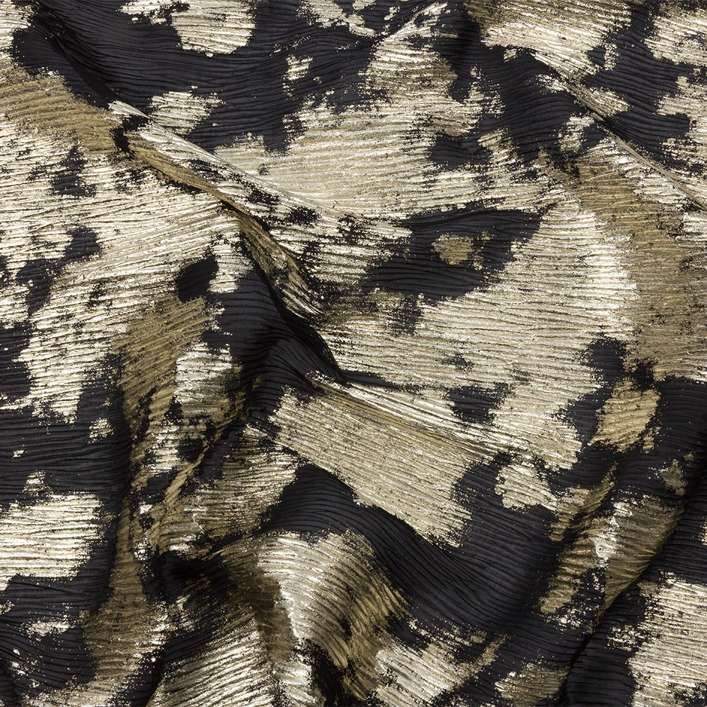Polyester Chiffon Plisse with Abstract Gold Foiling – Black – Aralia Collection Polyester Chiffon Plisse with Abstract Gold Foiling – Black – Aralia Collection