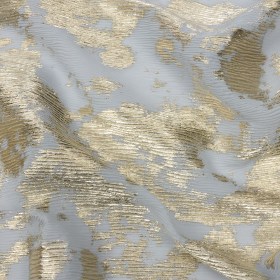 Polyester Chiffon Plisse with Abstract Gold Foiling – Silver-Gray – Aralia Collection Polyester Chiffon Plisse with Abstract Gold Foiling – Silver-Gray – Aralia Collection