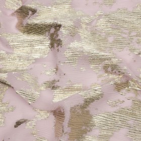 Polyester Chiffon Plisse with Abstract Gold Foiling – Light Pink – Aralia Collection Polyester Chiffon Plisse with Abstract Gold Foiling – Light Pink – Aralia Collection